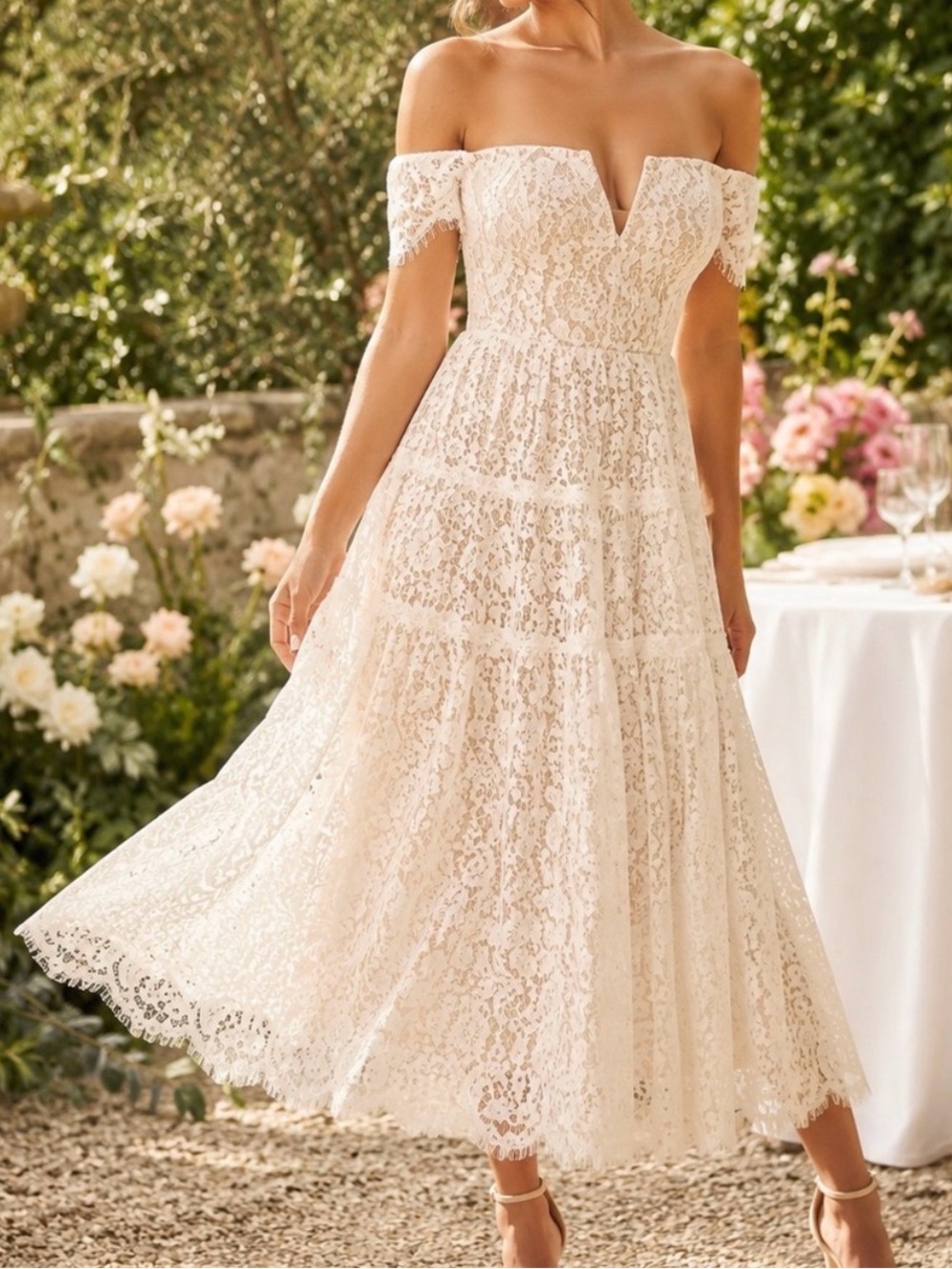 GORGEOUS Lulu's Ivory Off-Shoulder Lace Midi Dress